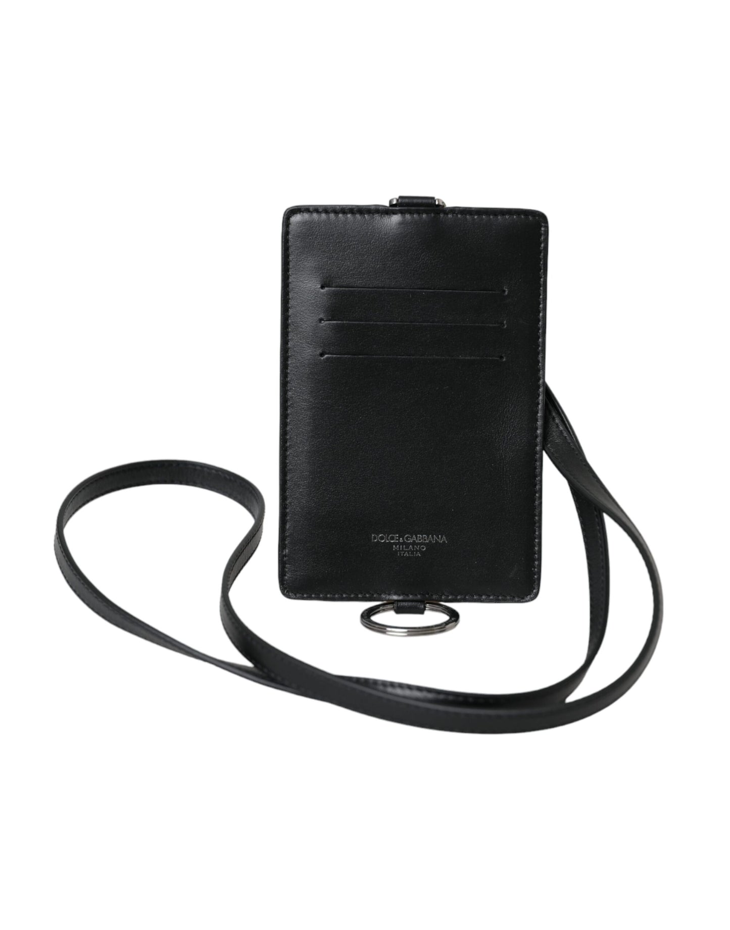 Dolce & Gabbana Black Calf Leather Lanyard Logo Card Holder Men Wallet