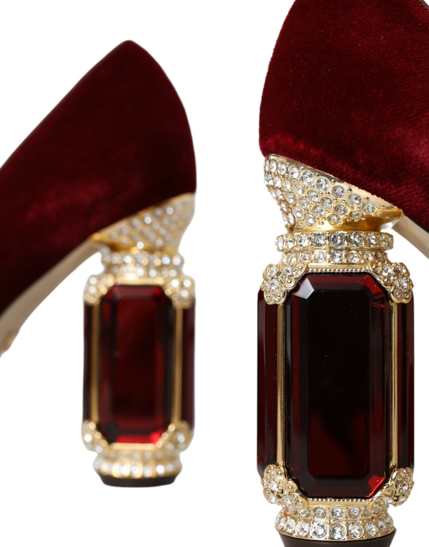 Dolce & Gabbana Red Velvet Gold Crystals Heels Mary Jane Shoes