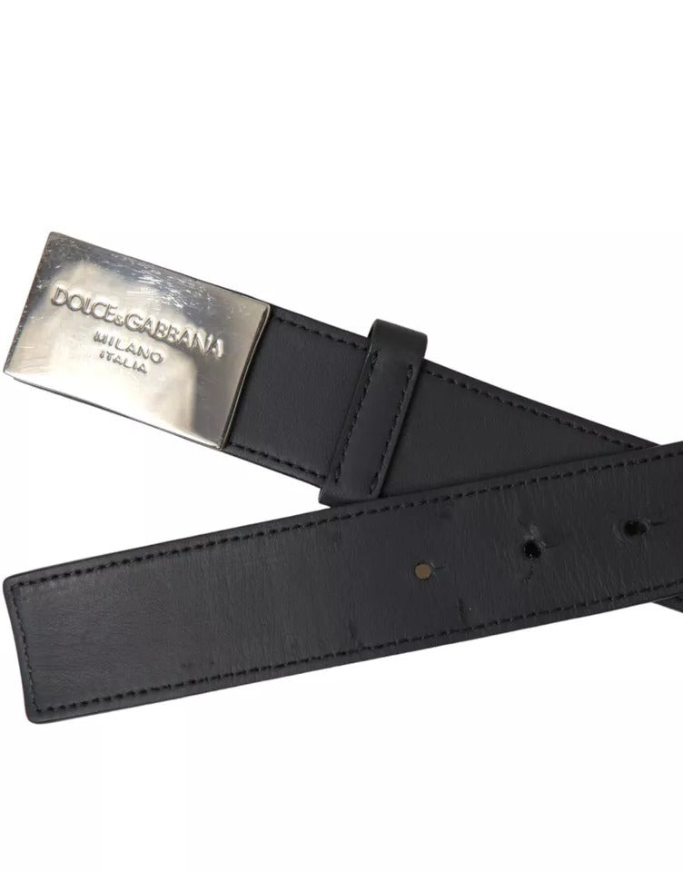 Dolce & Gabbana Black Leather Silver Rectangle Buckle Belt