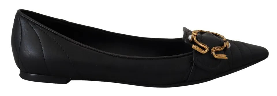 Dolce & Gabbana Black Devotion Leather Pointy Flats Shoes