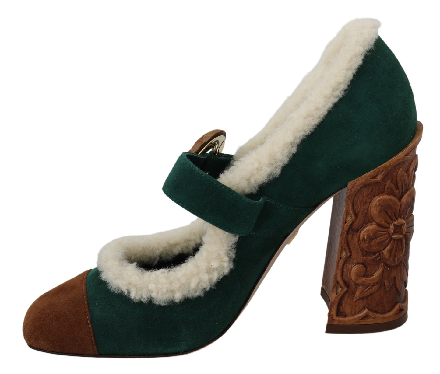 Dolce & Gabbana Chic Green Suede Mary Janes with Shearling Trim