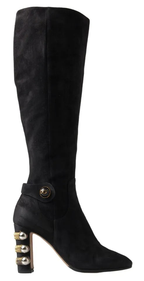 Dolce & Gabbana Black Suede Embellished High Boots Shoes