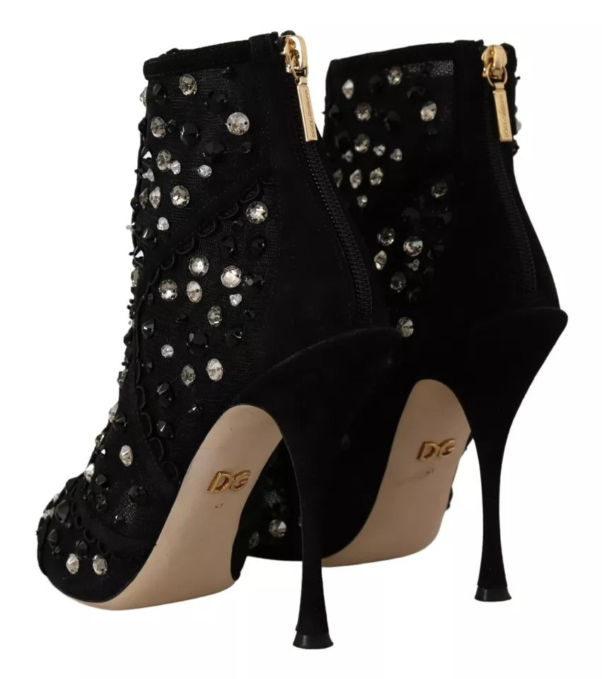 Dolce & Gabbana Black Tulle Suede Crystals Heels Boots Shoes