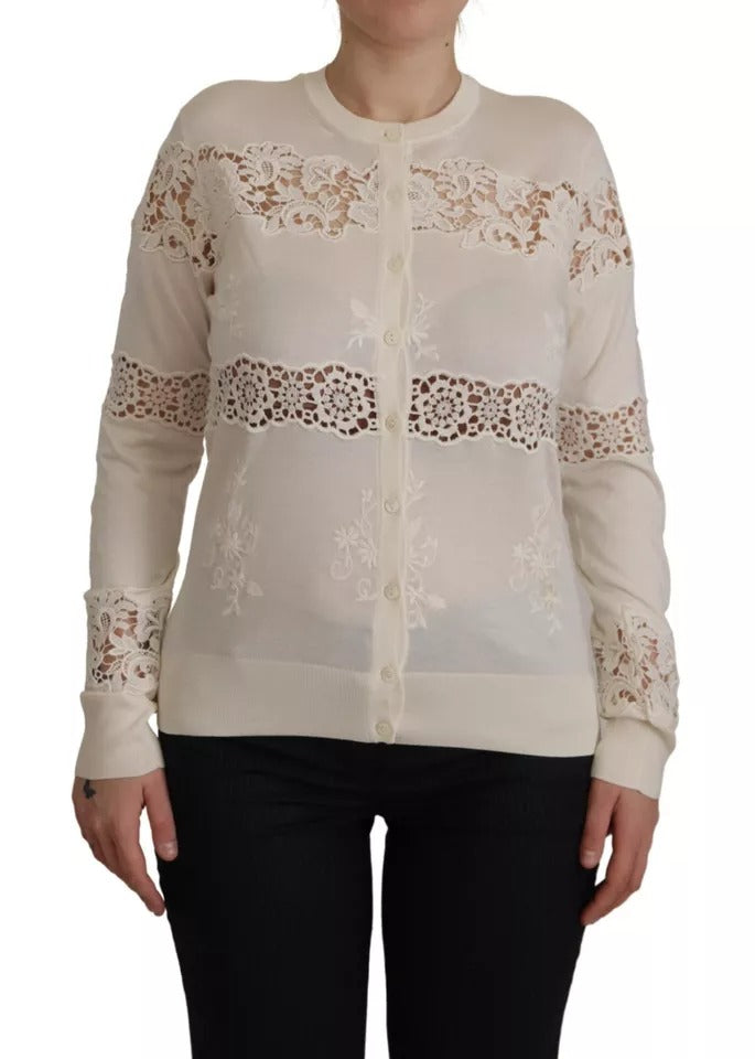 Dolce & Gabbana Off White Lace Button Down Cardigan Sweater