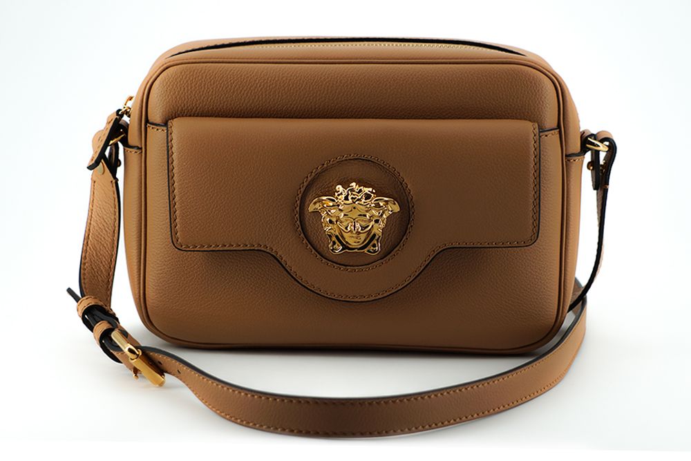 Versace Elegant Brown Leather Camera Case Shoulder Bag