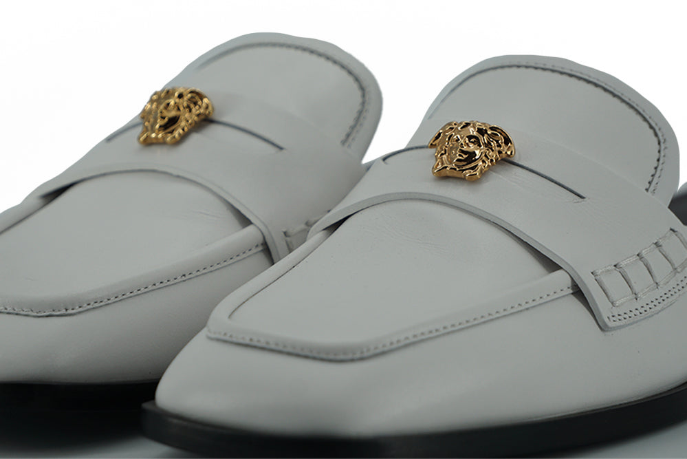 buys luxury Versace Elegant White Leather Flat Slides at lenny lux at lennylux luxury fashion shop