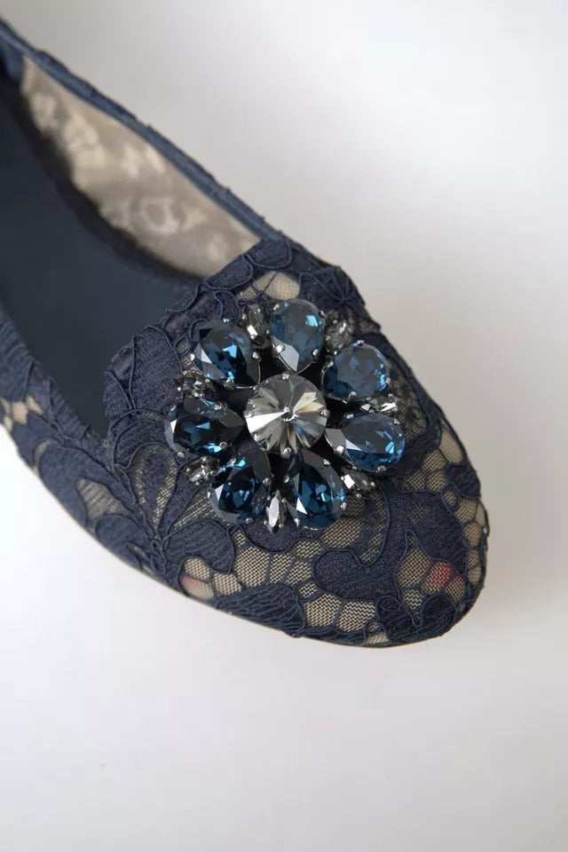 Dolce & Gabbana Blue Taormina Lace Crystals Flats Shoes