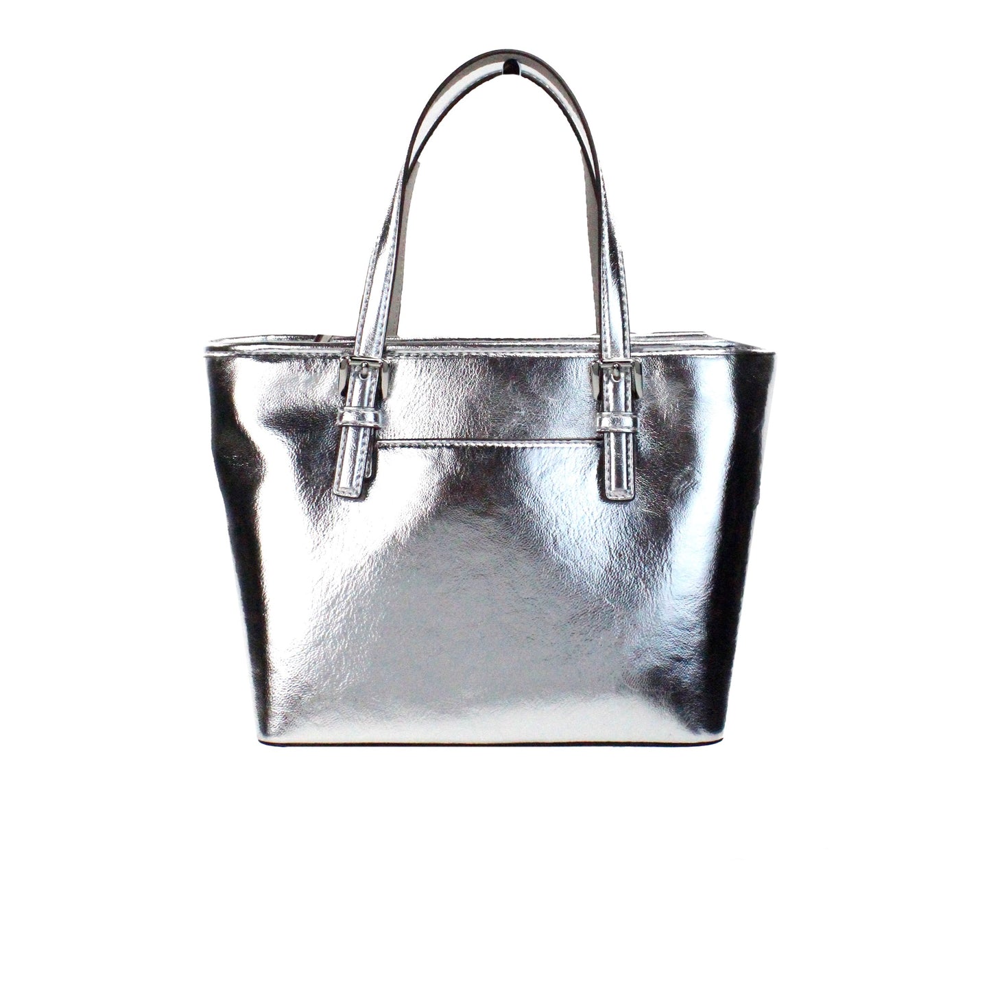 Michael Kors Jet Set Silver Metallic XS Carryall Top Zip Tote Bag Purse