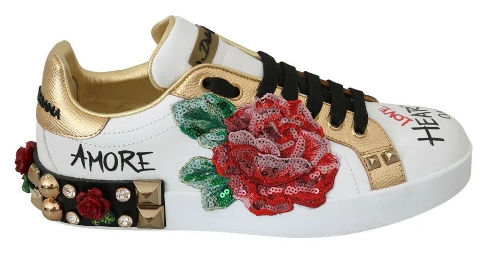 Dolce & Gabbana White Roses Sequined Crystal Womens Sneakers Shoes