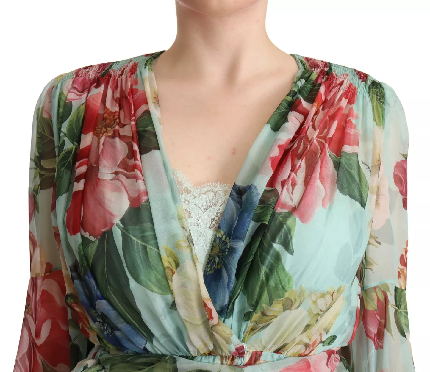 Dolce & Gabbana Multicolor Green Silk Wrap Gown Dress